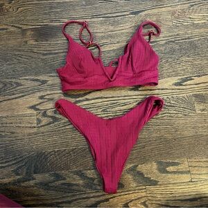 L*Space burgundy maroon dark Red Bikini Set ribbed swim suit two piece